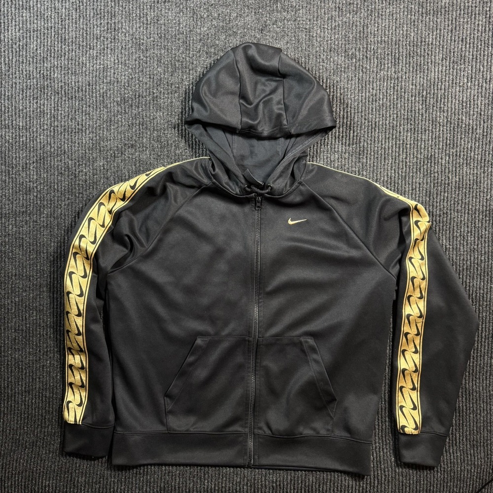 Nike Hoodie Mens Medium Black Full Zip Jersey Swoosh Tape Sleeve Graphic Logo